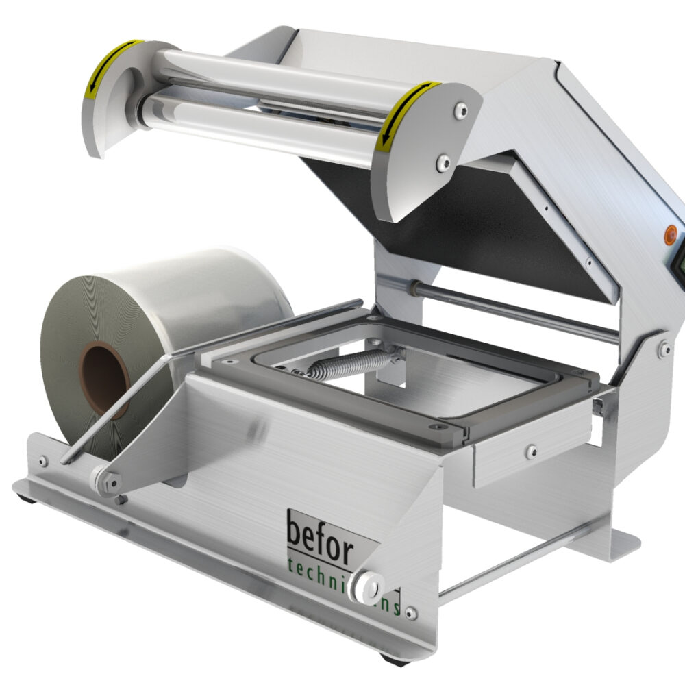 TOPSEAL 150 : Scelleuse de barquettes manuelle inox avec verrouillage TOPSEAL, 2 empreintes CLTP, bobine latérale