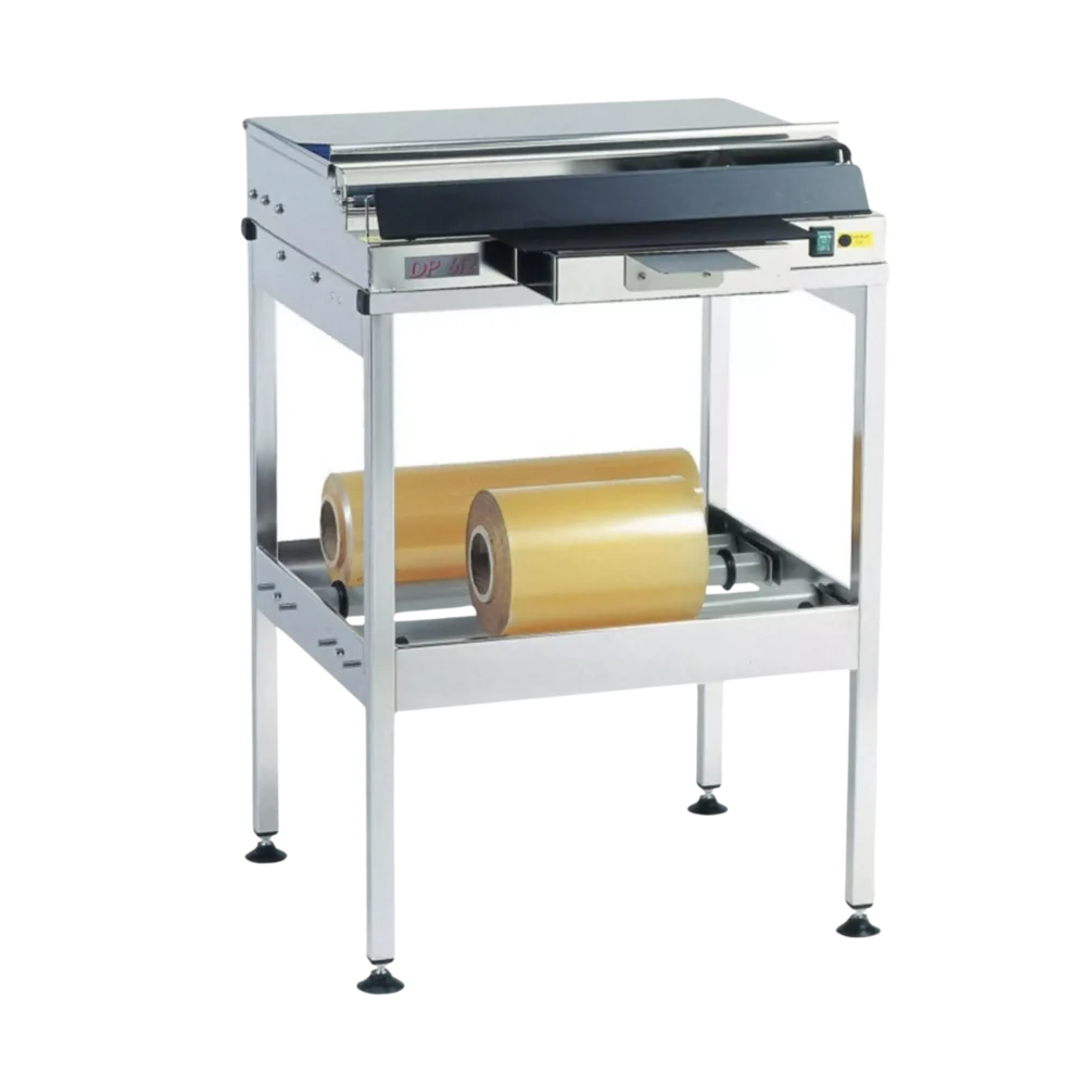 DP612_DEROULEUR_FILM_ETIRABLE-scaled DP 612 : Table filmeuse inox sur pied 2 bobines - laize max 600 mm